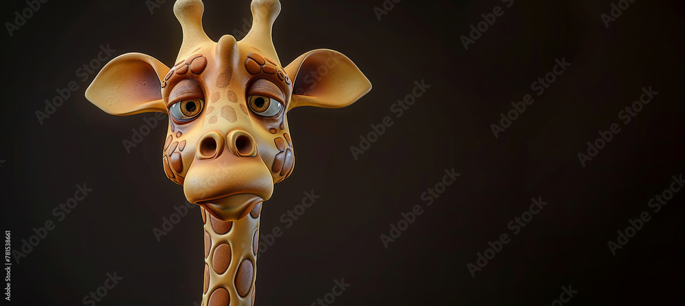 A giraffe with a sad expression on its face. The giraffe is looking down and he is tired. Statue of a funny giraffe with meh face