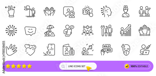 Vaccination appointment, Employee result and Voicemail line icons for web app. Pack of Leadership, Bid offer, Teamwork pictogram icons. Cyber attack, Touchscreen gesture, Medical staff signs. Vector