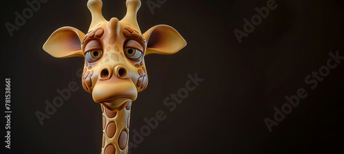A giraffe with a sad expression on its face. The giraffe is looking down and he is tired. Statue of a funny giraffe with meh face