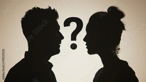 the silhouette of a man and a woman in profile, with a question mark between them