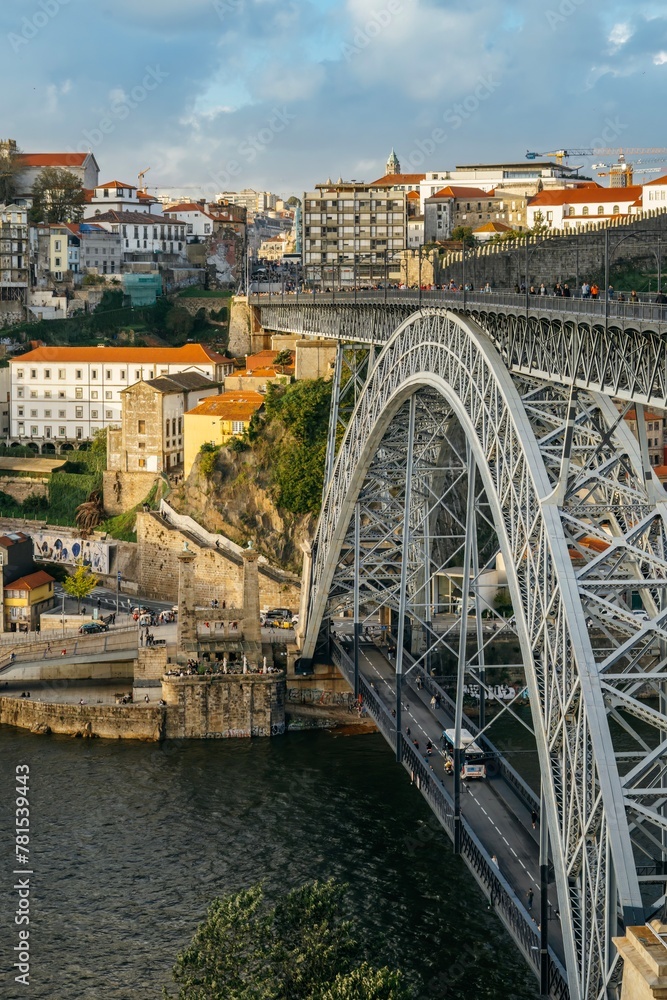 Porto, Portugal. October 30, 2023: Panoramic view of the old town and the famous Dom Louis I bridge over the Douro River. Porto, Portugal.