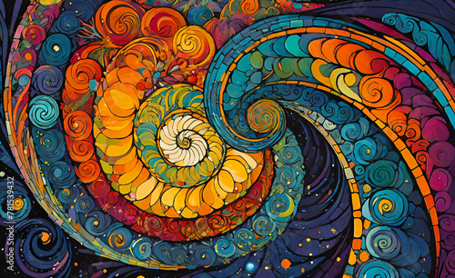 An abstract background of Fibonacci spirals seamlessly integrated into an unforgettable colorful backdrop. an overall design created using a combination of colors that gradually shift and flow along