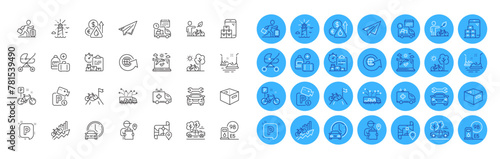 Baby carriage, Ambulance car and Paper plane line icons pack. Bicycle, Pickup, Fuel price web icon. Lighthouse, Delivery report, Eco bike pictogram. Parking security, Bike, Truck delivery. Vector
