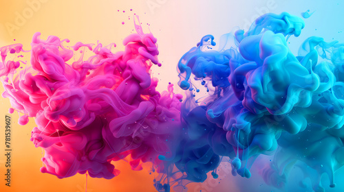 Two large clouds of colorful smoke, one pink and one blue. The smoke is swirling and mixing together, creating a dynamic and vibrant scene. colors of the smoke seem to be blending. matte vivid color