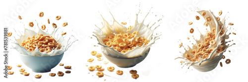 Breakfast cereal in a bowl with milk splash isolated png