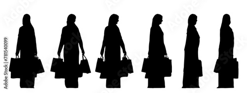 Vector concept conceptual black silhouette of a religious woman holding shopping bags from different perspectives isolated on white. A metaphor for care, necessities, spirituality and lifestyle