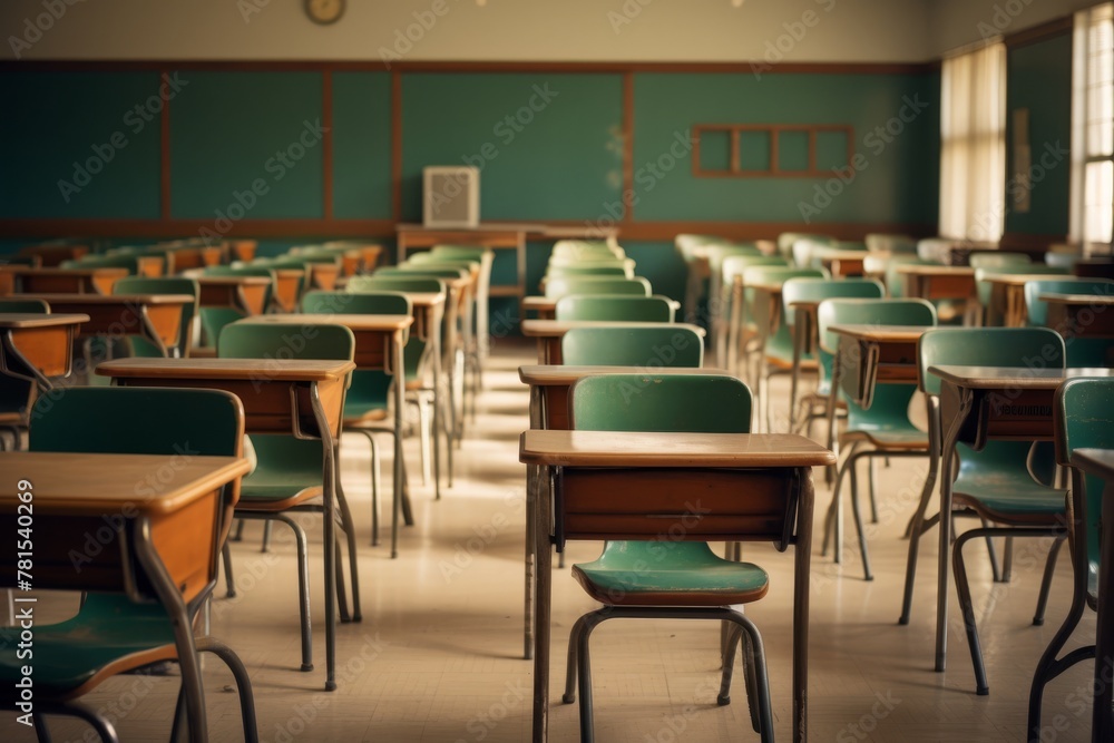 Empty chairs in classroom no student and teacher in public school with different nature over light from windows and shadow. Soft Vintage Style. High quality photo Empty chairs in classroom no student and teacher in public school with different nature over light from windows and shadow. Soft Vintage Style. High quality photo