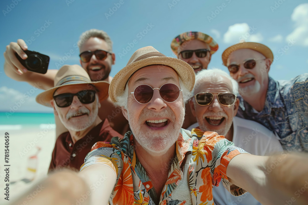 Active aging, happy group of senior people smiling at camera on the beach, old friends taking selfie pictures, Life style concept with pensioners having fun together on summer holiday. AI Generated Active aging, happy group of senior people smiling at camera on the beach, old friends taking selfie pictures, Life style concept with pensioners having fun together on summer holiday. AI Generated