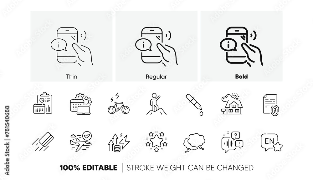 Fototapeta premium Stars, Report and Leadership line icons. Pack of Chemistry pipette, Speech bubble, Software icon. English, E-bike, Credit card pictogram. Confirmed flight, Fingerprint, Realtor. Line icons. Vector