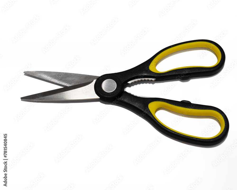 Multipurpose scissors with black and yellow handle is isolated on white background Multipurpose scissors with black and yellow handle is isolated on white background