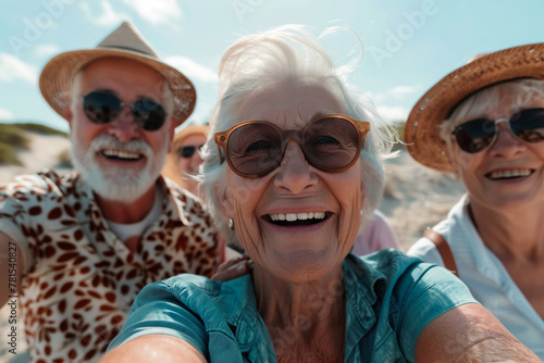 Active aging, happy group of senior people smiling at camera outdoors, old friends taking selfie pictures, Life style concept with pensioners having fun together on summer holiday. AI Generated © Alexandra