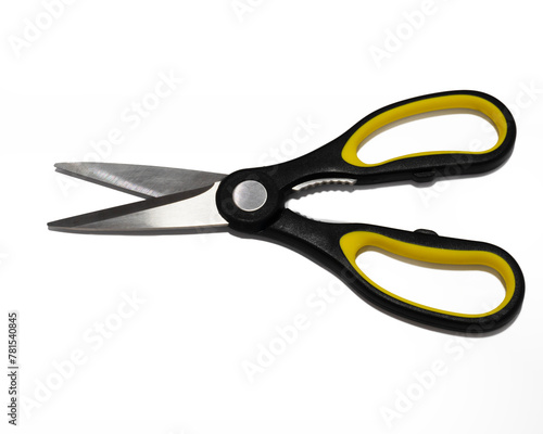 Multipurpose scissors with black and yellow handle is isolated on white background