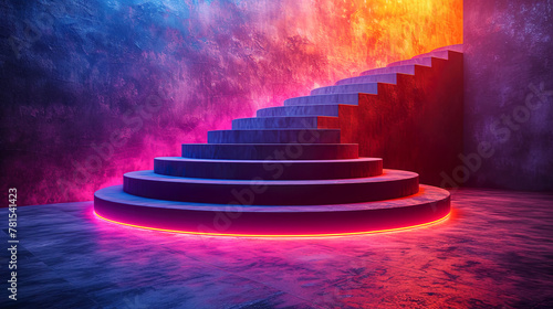 Stairs as a podium for product presentation with glowing neon lighting. Futuristic blank mockup.