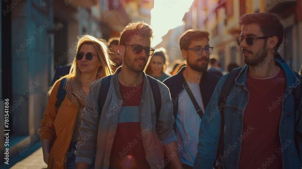 A group of five people casually dressed, walking down a city street A group of five people casually dressed, walking down a city street