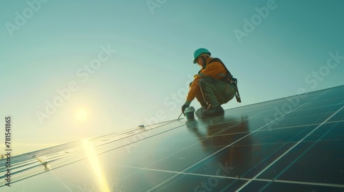 A worker in safety gear attentively installing or maintaining solar panels on a rooftop under a clear sky