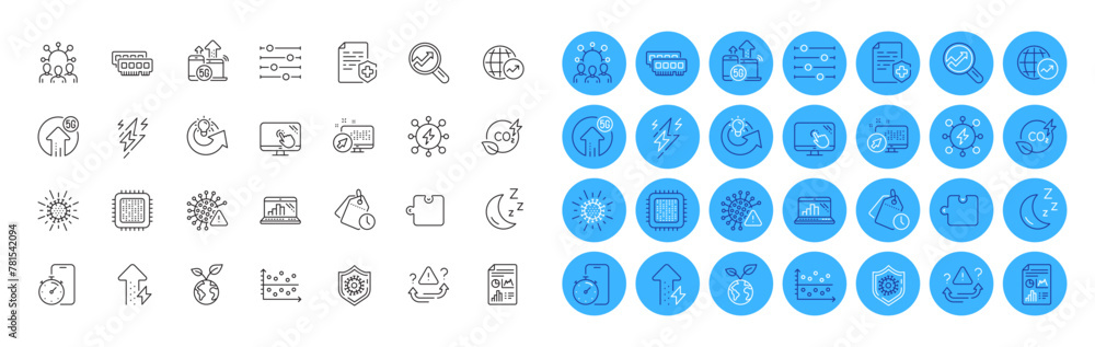 Analytics, Report document and 5g internet line icons pack. Cpu ...