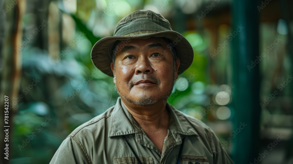 Zookeeper in khaki uniform, with a safari hat