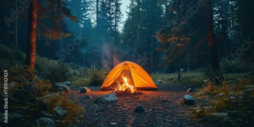 Campfire Burning in Forest With Tent in Background