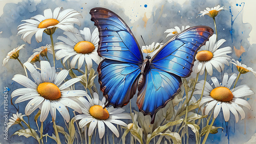 colorful blue tropical morpho butterfly on delicate daisy flowers painted wit...