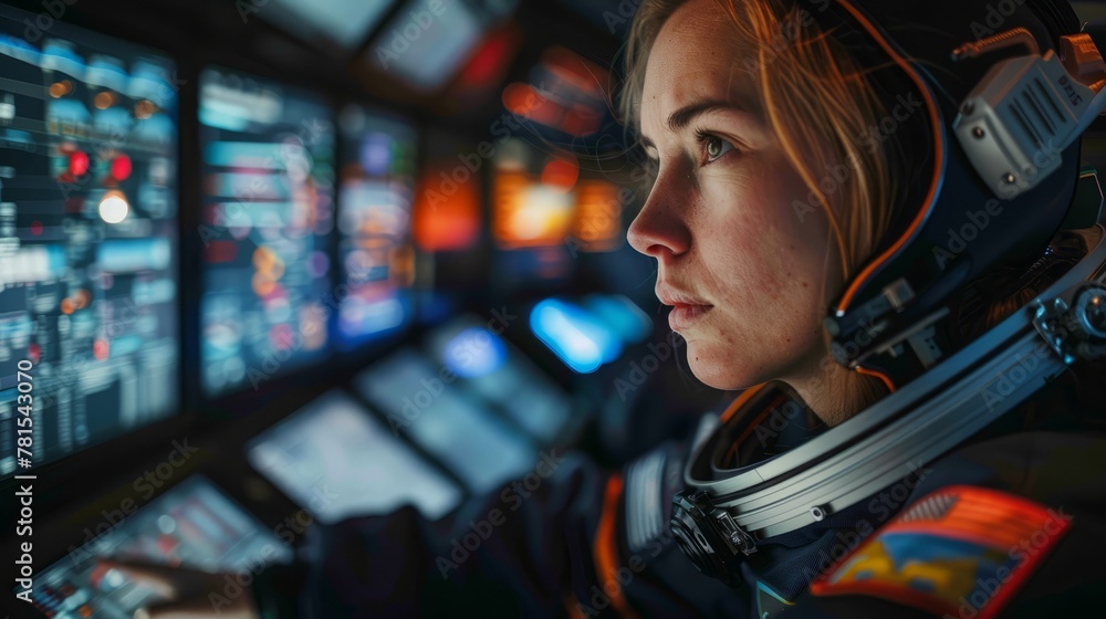 Space Mission Control Specialist monitoring screens