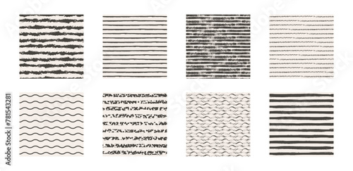 Large set of seamless patterns with grunge rough lines, brush strokes. Set of striped monochrome backgrounds. Endless texture can be used for wallpaper, pattern fills, web page background. Vector