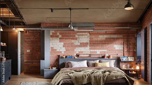 Industrial style bedroom with brick wall. Panorama. Bed, home furnishings