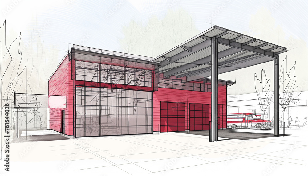 Obraz premium Modern Architectural Sketch of a Red Facade Building