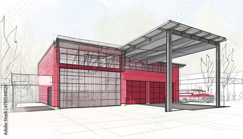 Modern Architectural Sketch of a Red Facade Building