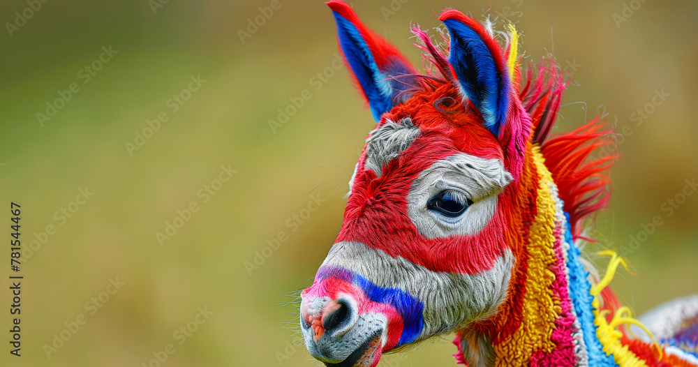 Fototapeta premium A colorful horse with a red nose and blue ears. The horse is standing in a field. The colors of the horse are bright and vibrant, creating a cheerful and lively atmosphere.