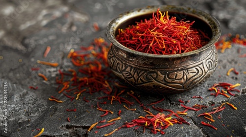 Spices Saffron. Saffron on a stone table in an antique bowl. seasonings photo