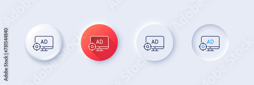 Seo adblock line icon. Neumorphic, Red gradient, 3d pin buttons. Search engine optimization sign. Target symbol. Line icons. Neumorphic buttons with outline signs. Vector