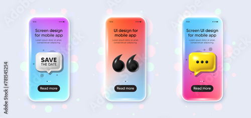 Phone 3d mockup gradient screen. Save the date tag. Calendar meeting offer. Save appointment message. Save date phone mockup message. 3d chat speech bubble. Yellow text box app. Vector