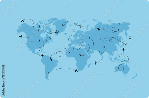 Airplane line vector icon of air plane flight route with start point and line trace. A global map with the route of tourist travel by plane. Round-the-world tourism with planes. Vector