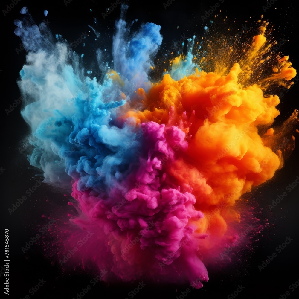 Exploding colour powder in rainbow colours on a black background. High quality photo