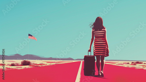 a bold and minimalist poster of a woman from behind, walking down a seemingly endless road towards an American flag.