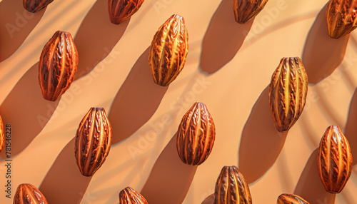 Fresh brown cocoa fruit beans pods cacao powder ingredient pattern, pastel brown background. photo
