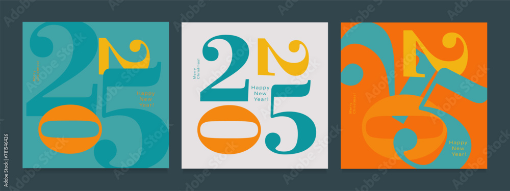 Set 2025 Creativity Geometric Celebration of Happy New Year and Merry Christmas. Abstract Typography for Vibrant Advertising, Web Delights, Social Media Sparks, Banners, Covers, Posters.