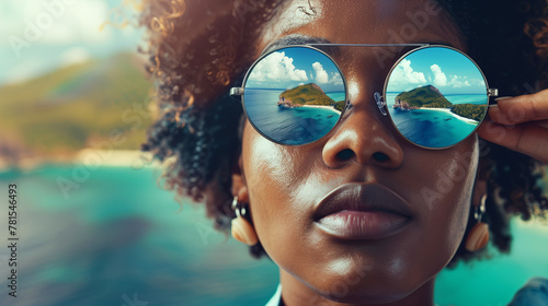 A beautiful African American woman in fashionable sunglasses, with a reflection of a tropical island.The girl holds her glasses with her hand. Fashion,travel and a black woman in sunglasses for summer