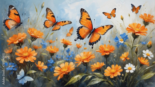 With each stroke of the brush, a story of delicate wildflowers and orange butterflies emerges, painted in the rich textures of oil. © xKas