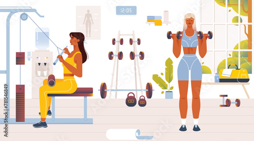 Women are training in gym with sport equipment. Lifting dumbbells, doing strength exercises. Fitness workout flat vector illustration.