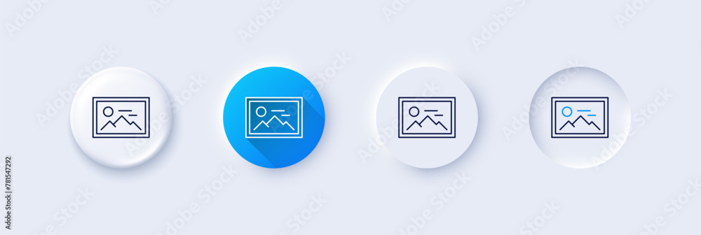 Photo line icon. Neumorphic, Blue gradient, 3d pin buttons. Image thumbnail sign. Picture placeholder symbol. Line icons. Neumorphic buttons with outline signs. Vector Photo line icon. Neumorphic, Blue gradient, 3d pin buttons. Image thumbnail sign. Picture placeholder symbol. Line icons. Neumorphic buttons with outline signs. Vector