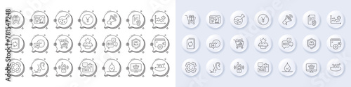 Whisper, Wallet and Waterproof line icons. White pin 3d buttons, chat bubbles icons. Pack of Transmitter, Bid offer, Yen money icon. Web shop, Seo analysis, Full rotation pictogram. Vector