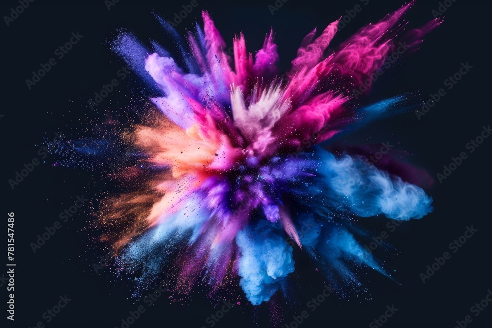 Abstract colored dust explosion on a black background. Abstract powder splatted background. Freeze motion of color powder exploding, throwing color powder, multicolored texture. High quality photo
