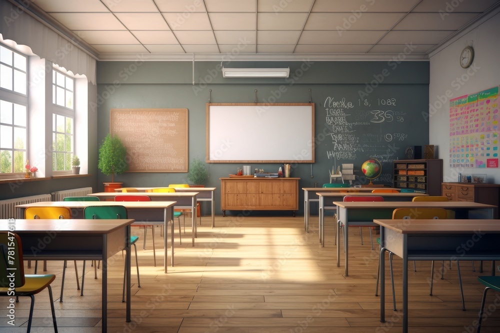 Empty chairs in classroom no student and teacher in public school with different nature over light from windows and shadow. Soft Vintage Style. High quality photo Empty chairs in classroom no student and teacher in public school with different nature over light from windows and shadow. Soft Vintage Style. High quality photo
