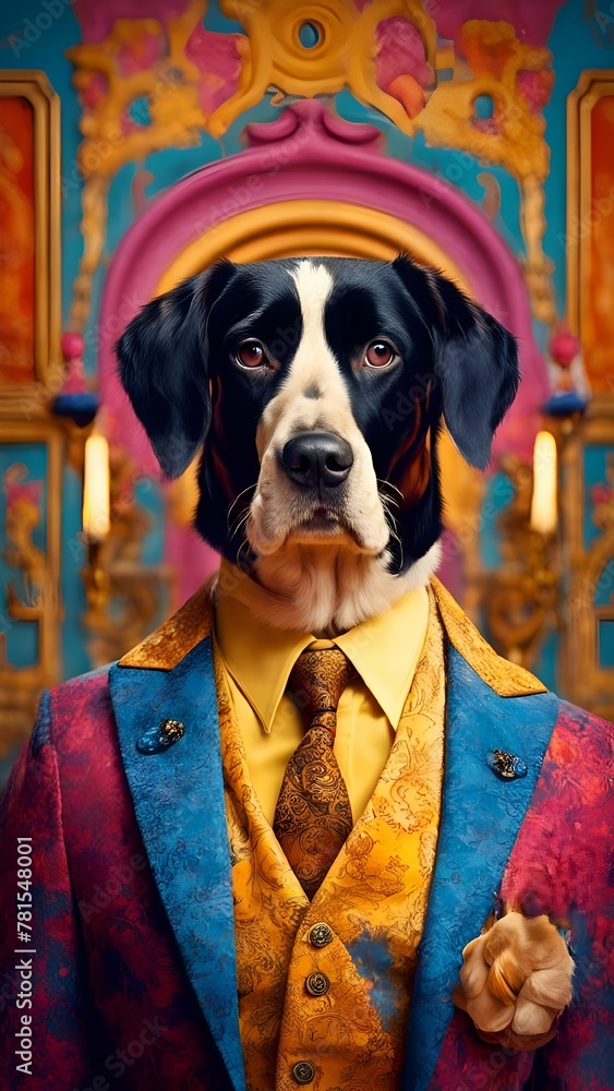 portrait of a dog, in bright formal clothes, on a colorful ornate background, The concept of a screensaver or postcard for birthday and spring holidays portrait of a dog, in bright formal clothes, on a colorful ornate background, The concept of a screensaver or postcard for birthday and spring holidays