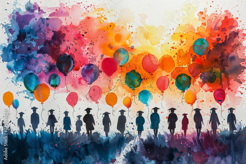 Graduates and balloons with vibrant watercolor splashes, symbolizing joyful achievement. Graduation time in educational institutions.
