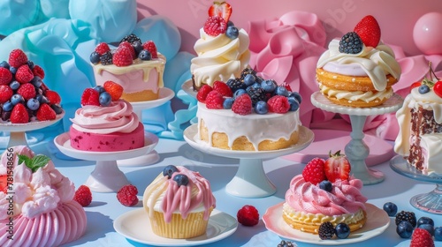 Close up of assorted cakes and cupcakes on a table