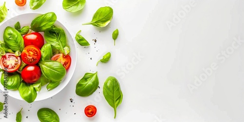 A fresh salad with ripe cherry tomatoes and green basil leaves, presented on a white background with plenty of copyspace for a healthy meal concept.