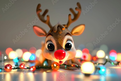 A 3D reindeer with a glowing red nose, surrounded by colorful Christmas lights, white background photo