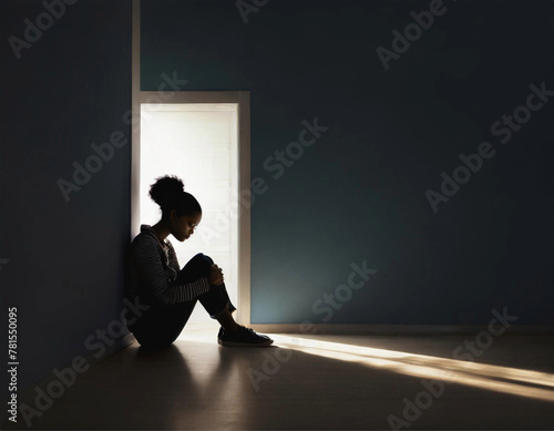 Uma menina triste, em contraluz, sentada no chão, com uma porta aberta em ambiente escuro. photo